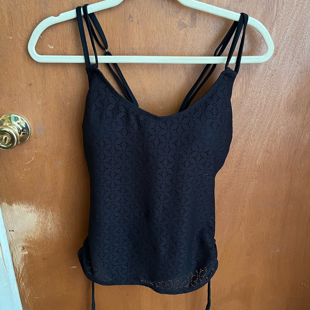 Black tankini bathing suit top, with floral pattern